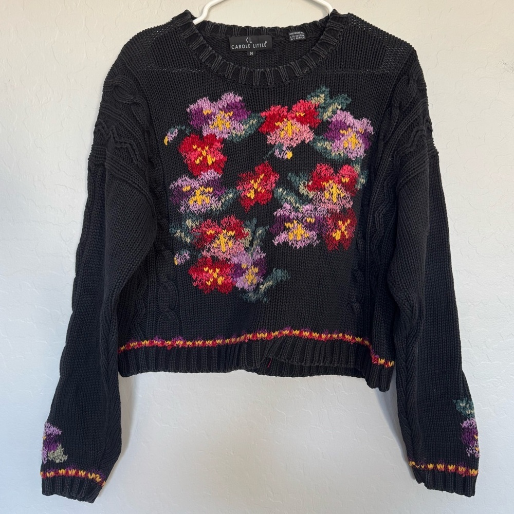 Vintage Carole Little black cotton floral embroidered crewneck sweater size M